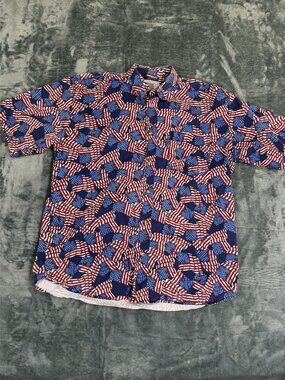 Michael Austin Mens Large Button Down Patriotic Flag Shirt Cotton
